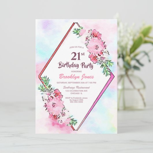 Roze Bloemen Geometrische 21ste Verjaardagsfeest Kaart (Staand voorkant)
