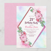 Roze Bloemen Geometrische 21ste Verjaardagsfeest Kaart (Voorkant / Achterkant)