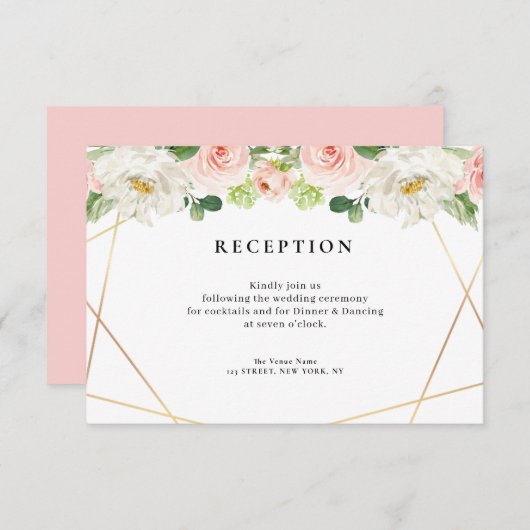 Roze Bloemen Geometrische Bruiloft Receptie Kaart (Voorkant / Achterkant)