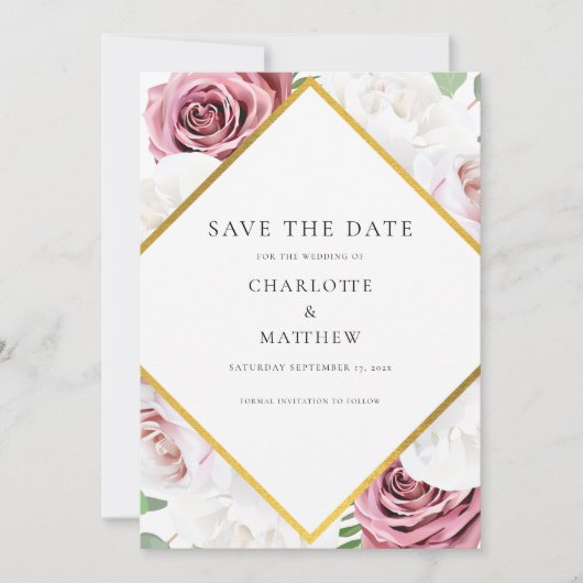 Roze Bloemen Geometrische Bruiloft Save The Date (Voorkant)