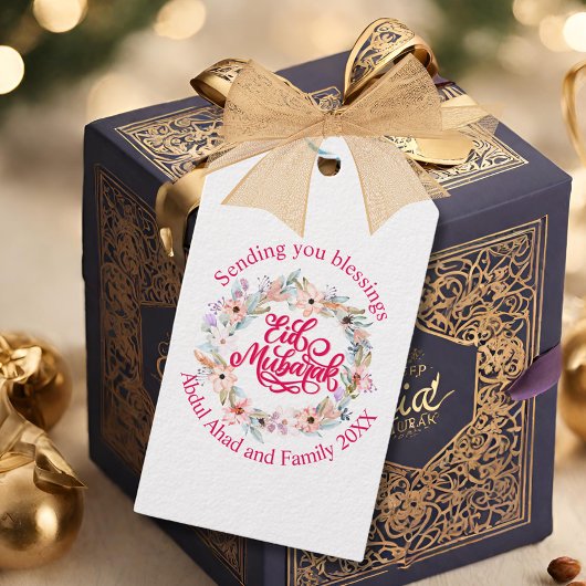 Roze Bloemen gepersonaliseerd Eid Mubarak Cadeaulabel
