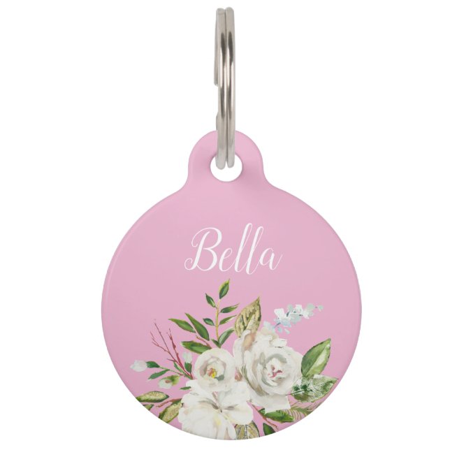 Roze Bloemen Gepersonaliseerde Kalligrafie Huisdie Huisdierpenning (Voorkant)