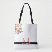 Roze Bloemen Gepersonaliseerde Monogram Modern Ele Tote Bag (Voorkant)