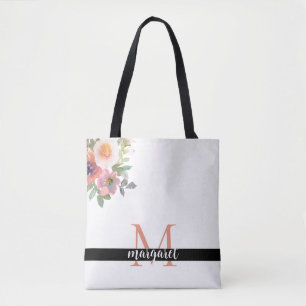Roze Bloemen Gepersonaliseerde Monogram Modern Ele Tote Bag