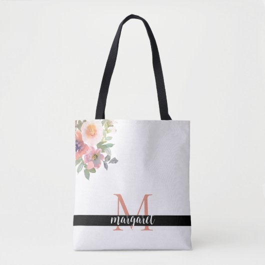 Roze Bloemen Gepersonaliseerde Monogram Modern Ele Tote Bag (Voorkant)