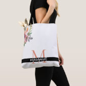 Roze Bloemen Gepersonaliseerde Monogram Modern Ele Tote Bag (Dichtbij)
