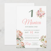 Roze bloemen gepersonaliseerde verjaardagsfeestje kaart (Voorkant / Achterkant)