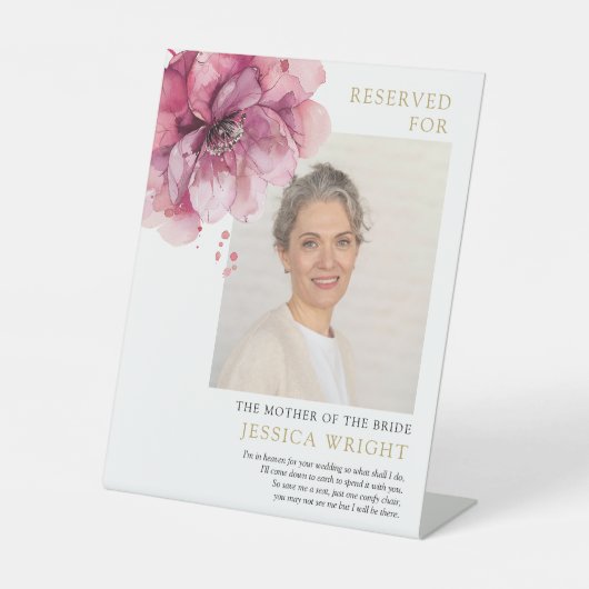 Roze Bloemen Gereserveerd Save A Seat Foto Bruilof Reclamebord Met Voetstuk (Voorkant)