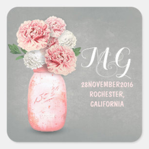 Roze bloemen geschilderd metselaarpot bruiloft sti vierkante sticker