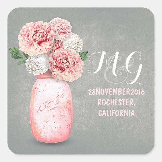 Roze bloemen geschilderd metselaarpot bruiloft sti vierkante sticker (Voorkant)