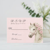 Roze bloemen geschilderd paard bruiloft RSVP kaartje (Staand voorkant)