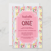 Roze Bloemen Gestreept 1e Verjaardagsfeest Kaart (Voorkant)