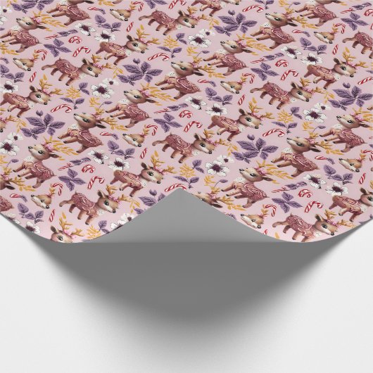Roze Bloemen Gingerbread Rendier Candy Cane WP Cadeaupapier (Hoek)