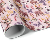 Roze Bloemen Gingerbread Rendier Candy Cane WP Cadeaupapier (Rol Hoek)