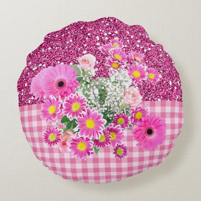 Roze Bloemen & Gingham Faux Glitter Rond Kussen (Achterkant)