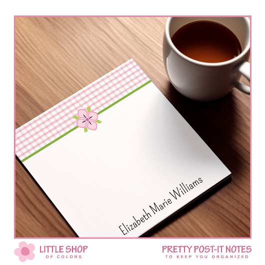 Roze Bloemen Gingham patroon gepersonaliseerd Post-it® Notes