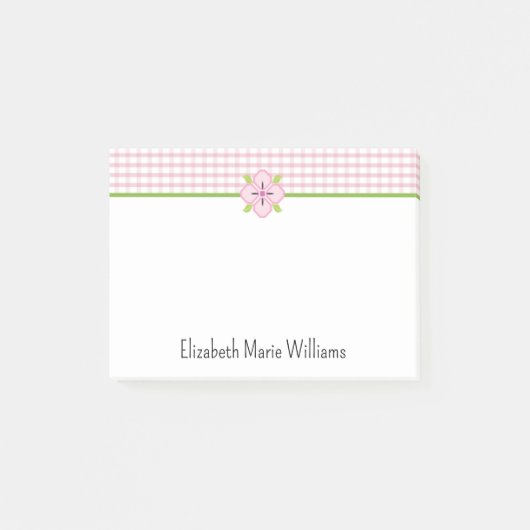 Roze Bloemen Gingham patroon gepersonaliseerd Post-it® Notes (Voorkant)
