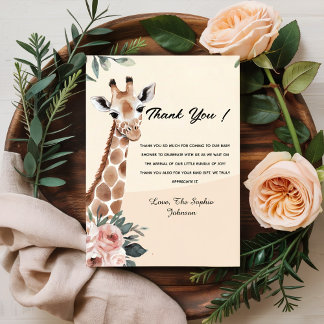 Roze Bloemen Giraffe Safari Baby shower Dank u Bedankkaart