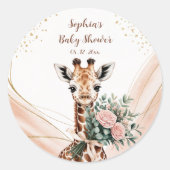 Roze Bloemen Giraffe Safari Baby shower Favoriete  Ronde Sticker (Voorkant)
