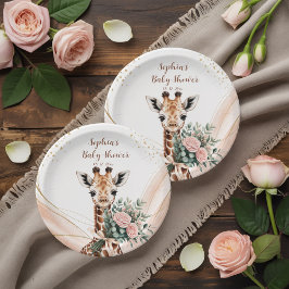 Roze Bloemen Giraffe Safari Baby shower Papier Bor Papieren Bordje