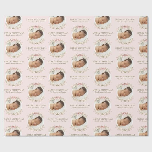 Roze Bloemen Girly Coquette Bow Foto Kerstmis Cadeaupapier (Vlak)