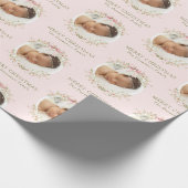 Roze Bloemen Girly Coquette Bow Foto Kerstmis Cadeaupapier (Hoek)