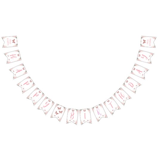 Roze Bloemen Glitter Butterfly Verjaardag Banner (Alle)