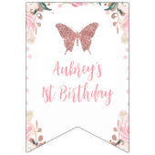 Roze Bloemen Glitter Butterfly Verjaardag Banner (Eerste vlag)