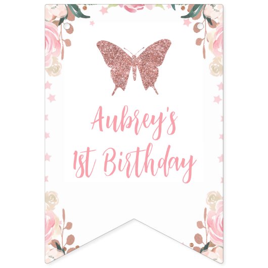 Roze Bloemen Glitter Butterfly Verjaardag Banner (Eerste vlag)