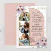 Roze bloemen Glitter Confetti Foto Afstuderen Kaart (Voorkant / Achterkant)