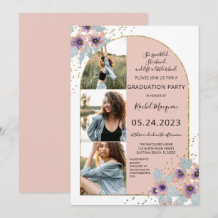 Roze bloemen Glitter Confetti Foto Afstuderen Kaart
