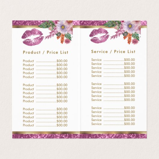  Roze Bloemen Glitter Lip Prijs en Service Visitekaartje (Binnenkant ongevouwen)