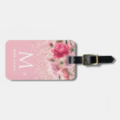  roze bloemen Glitter Monogram Aangepast Bagagelabel (Voorkant horizontaal)
