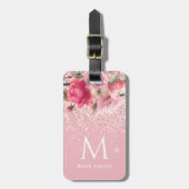  roze bloemen Glitter Monogram Aangepast Bagagelabel (Voorkant verticaal)