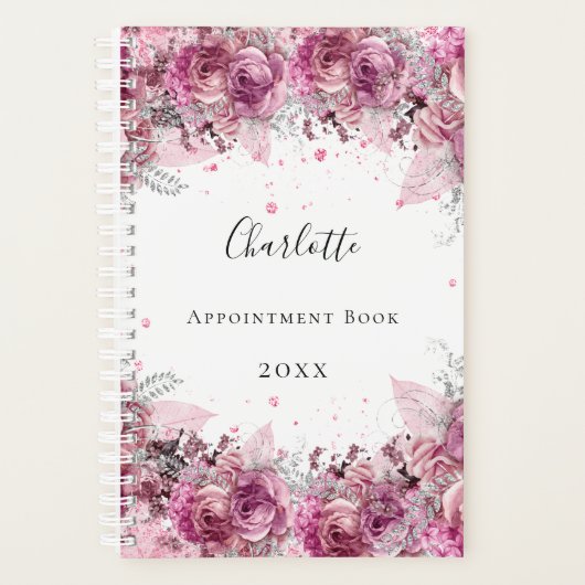 Roze bloemen glitter naam wit elegant planner (Voorkant)