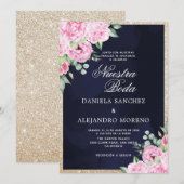 Roze Bloemen Glitter Nuestra Boda Spaanse bruiloft Kaart (Voorkant / Achterkant)