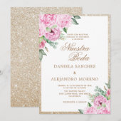 Roze Bloemen Glitter Nuestra Boda Spaanse bruiloft Kaart (Voorkant / Achterkant)