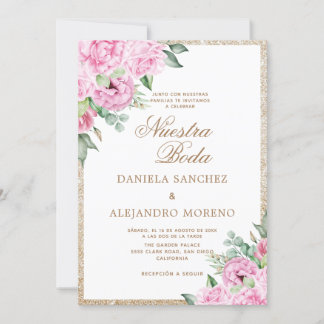 Roze Bloemen Glitter Nuestra Boda Spaanse bruiloft Kaart