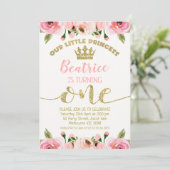 Roze Bloemen Glitter Prinses Kroon 1e Verjaardag Kaart (Staand voorkant)