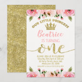 Roze Bloemen Glitter Prinses Kroon 1e Verjaardag Kaart (Voorkant / Achterkant)