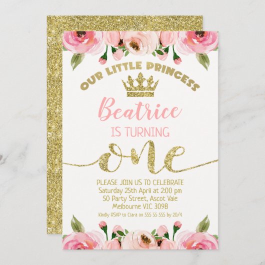 Roze Bloemen Glitter Prinses Kroon 1e Verjaardag Kaart (Voorkant / Achterkant)