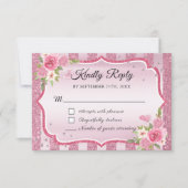 Roze Bloemen Glitter Quinceanera RSVP-kaart RSVP Kaartje (Voorkant)