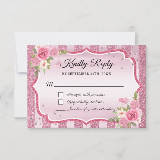 Roze Bloemen Glitter Quinceanera RSVP-kaart RSVP Kaartje (Voorkant)