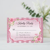 Roze Bloemen Glitter Quinceanera RSVP-kaart RSVP Kaartje (Staand voorkant)