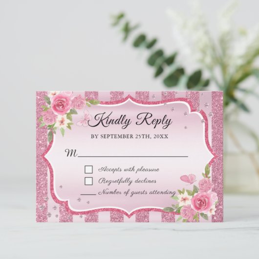 Roze Bloemen Glitter Quinceanera RSVP-kaart RSVP Kaartje (Staand voorkant)