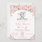 Roze Bloemen Glitter Schattige Olifant Meisje Baby Kaart (Voorkant)