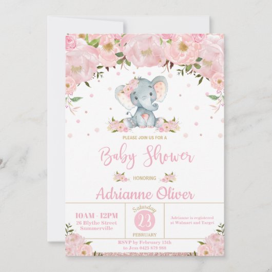 Roze Bloemen Glitter Schattige Olifant Meisje Baby Kaart (Voorkant)