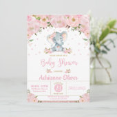 Roze Bloemen Glitter Schattige Olifant Meisje Baby Kaart (Staand voorkant)