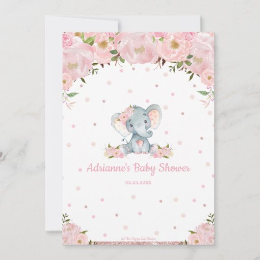 Roze Bloemen Glitter Schattige Olifant Meisje Baby Kaart (Achterkant)