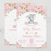 Roze Bloemen Glitter Schattige Olifant Meisje Baby Kaart (Voorkant / Achterkant)